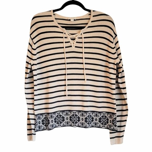 J. Jill Navy and white striped lace up sweater Size S - Picture 2 of 6